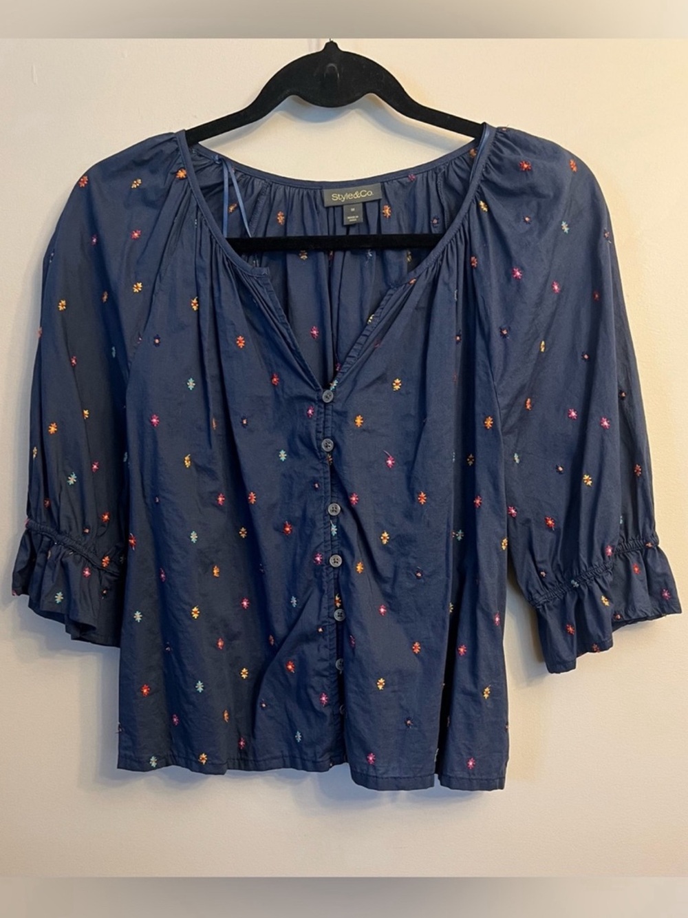 Style & Co. Navy Multicolor Embroidered Button-Front Peasant Blouse